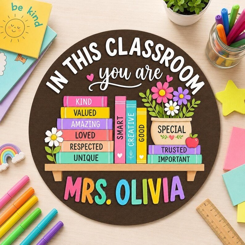 Personalized Classroom Door Sign, Custom Teacher Name Wood Hanger Gift