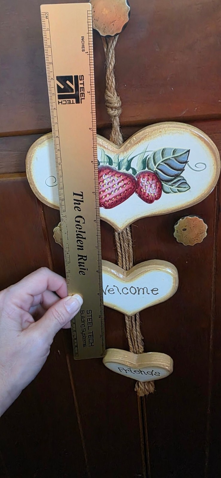 Hand-Painted Wooden Heart “Welcome Friends” Strawberry Design Cottagecore Decor