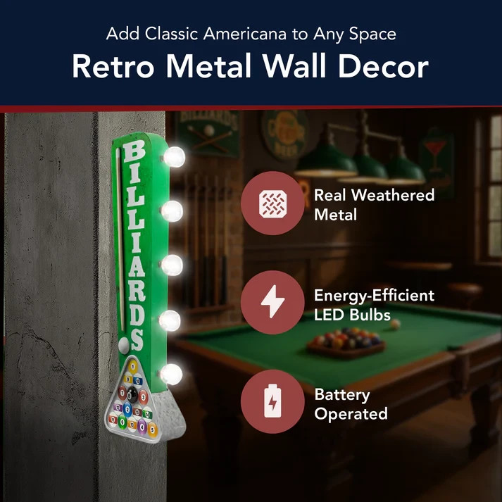 BILLIARDS Double Sided Sign W/ LED Lights, Garage Home Bar Man Cave Bar Pool Pub