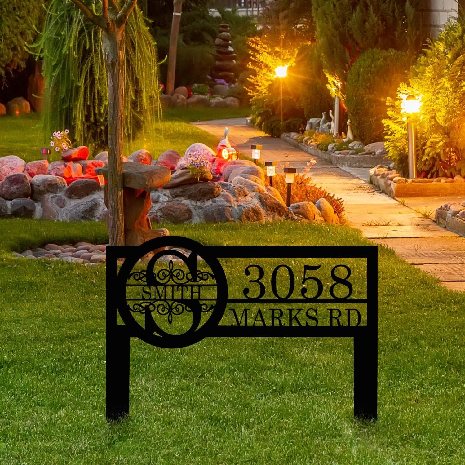 Personalized Metal Yard Address Sign Last Name and Monogram House Number Sign