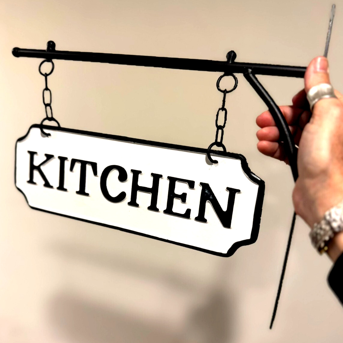 Black White Farmhouse DOUBLE SIDE Enamel Metal KITCHEN SIGN Wall Hanging Bracket