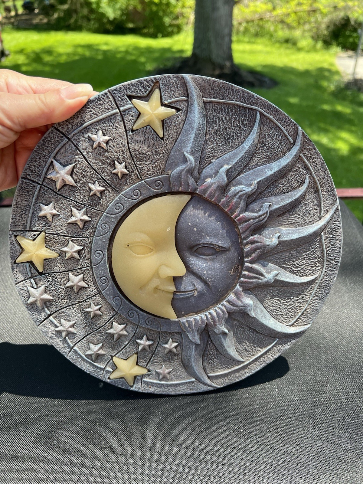 Glow in the Dark Sun Moon Stars Resin Vintage Round Stepping Stone, Medium 10″