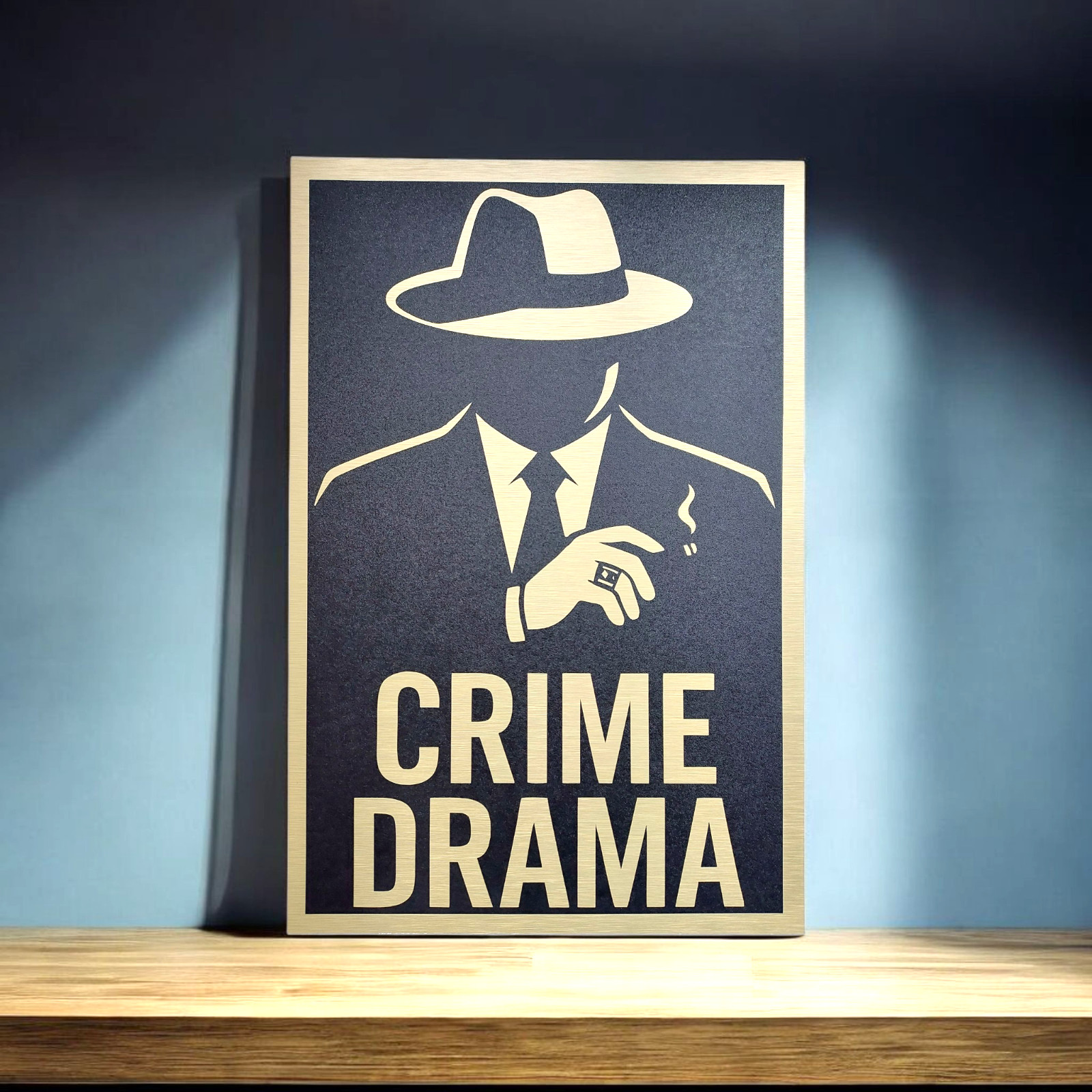 CRIME DRAMA Wall Sign Brushed Gold Aluminum Plaque Home Theater Movie Room Decor