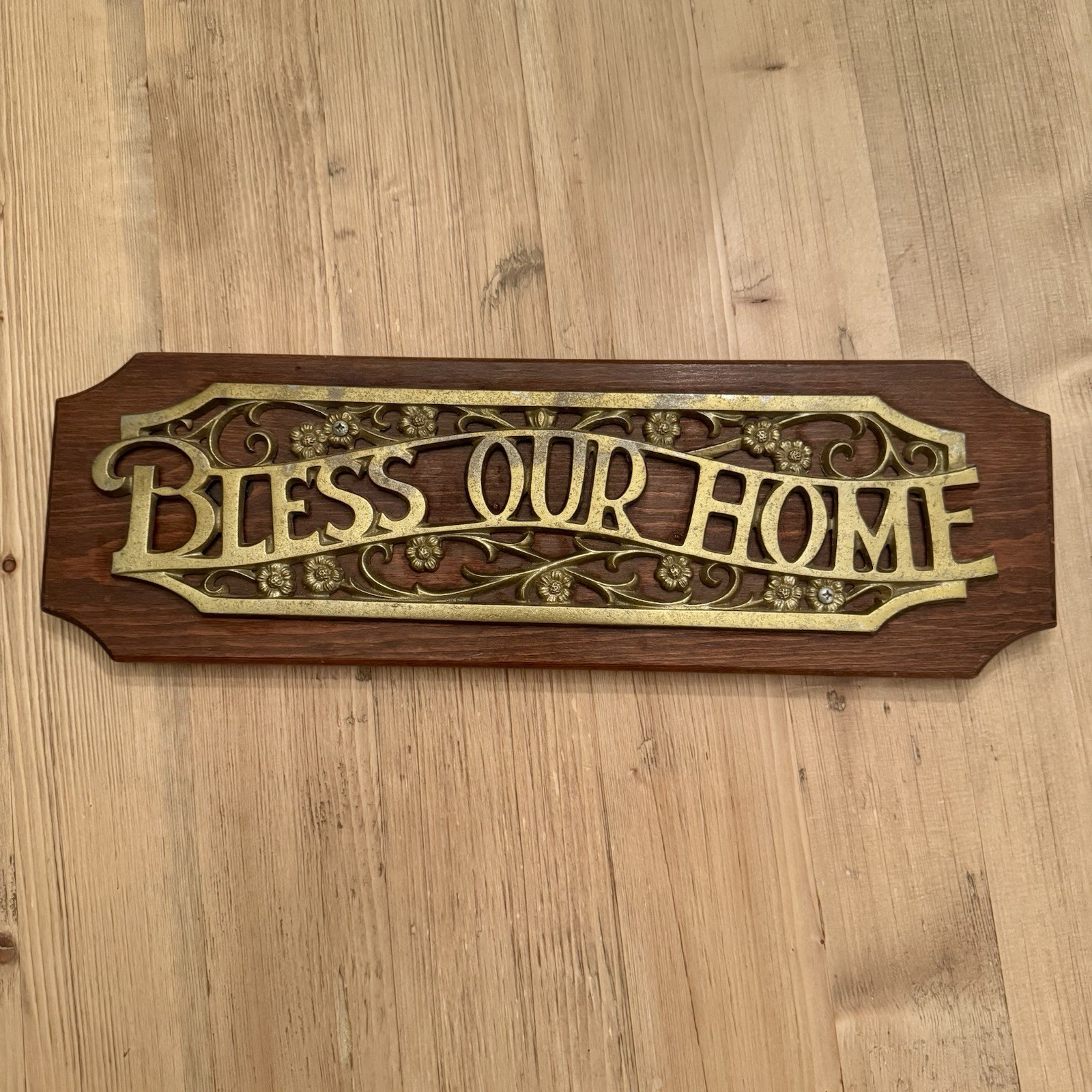Vintage Bless Our Home Plaque Brass Toned Cast Metal On Solid Wood 17×5 1/4 In