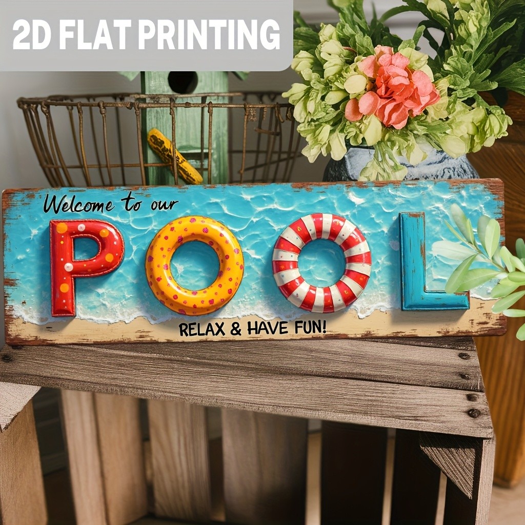 Metal Sign Vintage Pool Welcome Swim Ring Design Rustic Poolside Backyard Decor