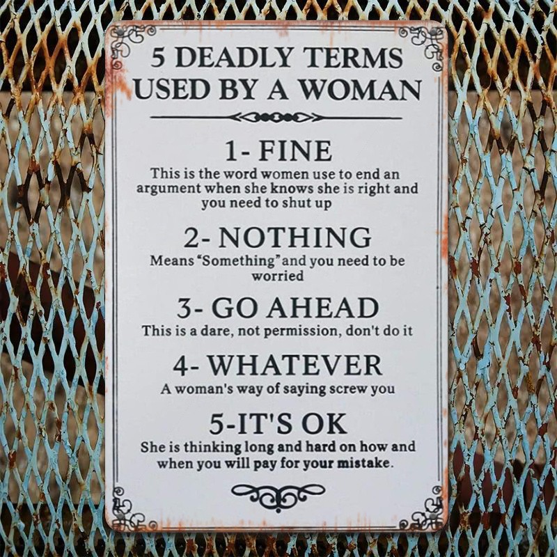 Vintage White Metal Sign 5 Deadly Terms Used By A Woman Funny Bar Wall Plaque