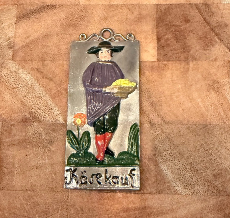 Vintage 3″ German “Kasekauf” Cheese Buyer Metal Relief Wall Plaque Hand Painted