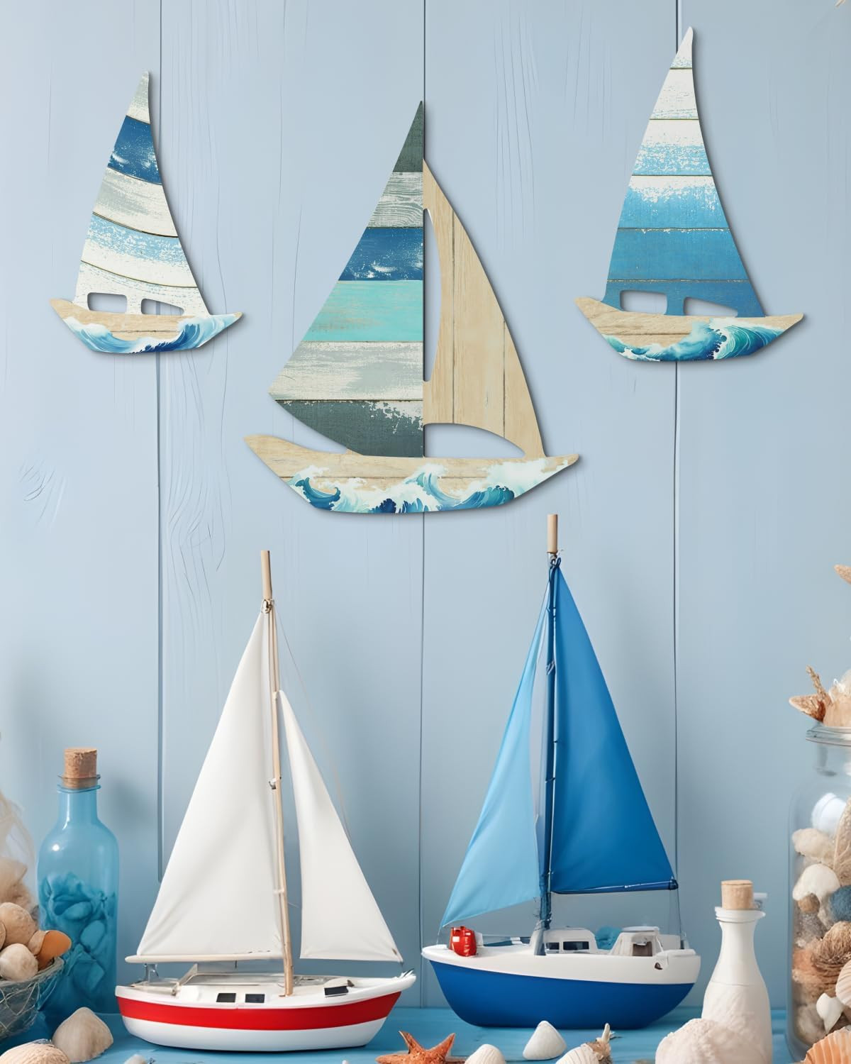 Putuo Decor 3 Pcs Vintage Sailboat Wall Art Set, Coastal Ocean Theme Decor with