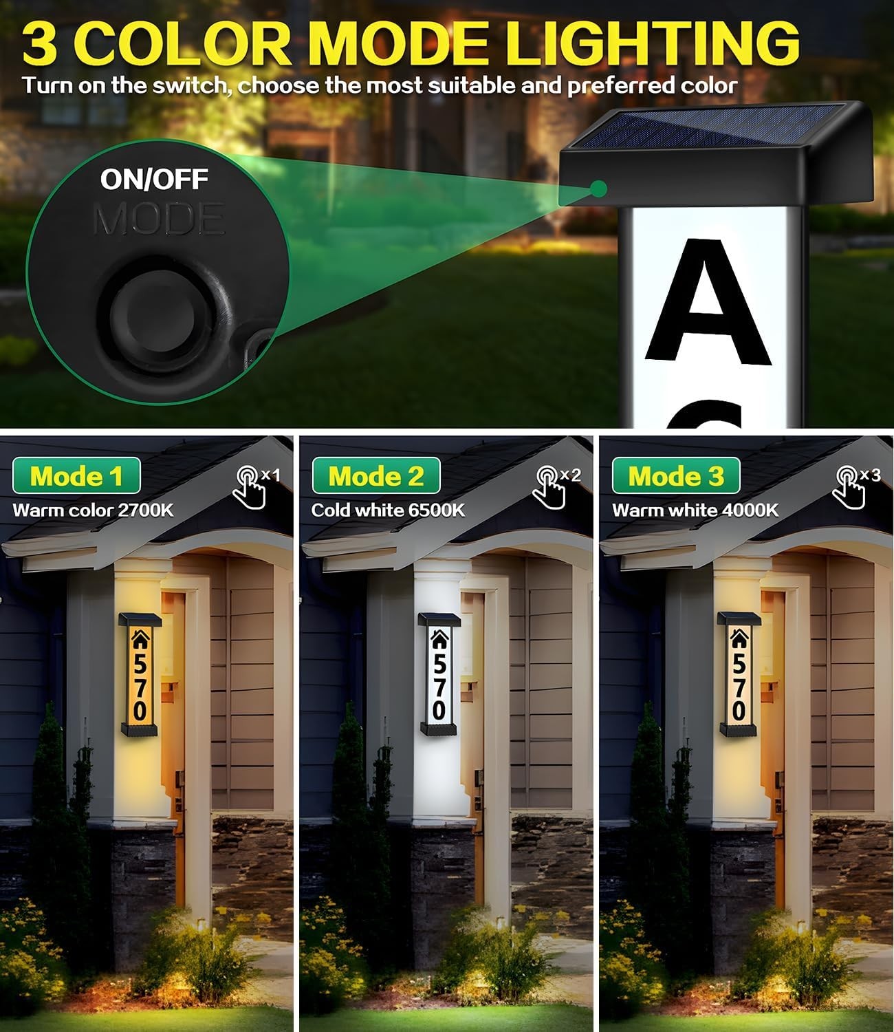 Solar Address Sign, Dual-Sided House Numbers for Outside Waterproof, 3 Colors…