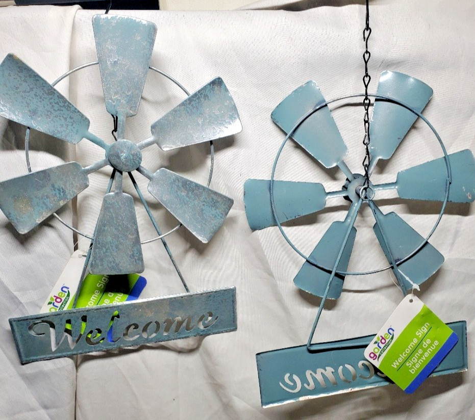 2 GardenCollection Hanging Windmill “Welcome” Sign 10” Small Metal Silver Green