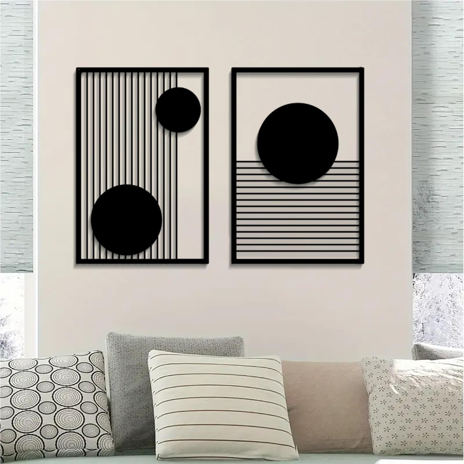 Large 2 Pcs Abstract Metal Wall Art, Black Geometric Decor for Home Office