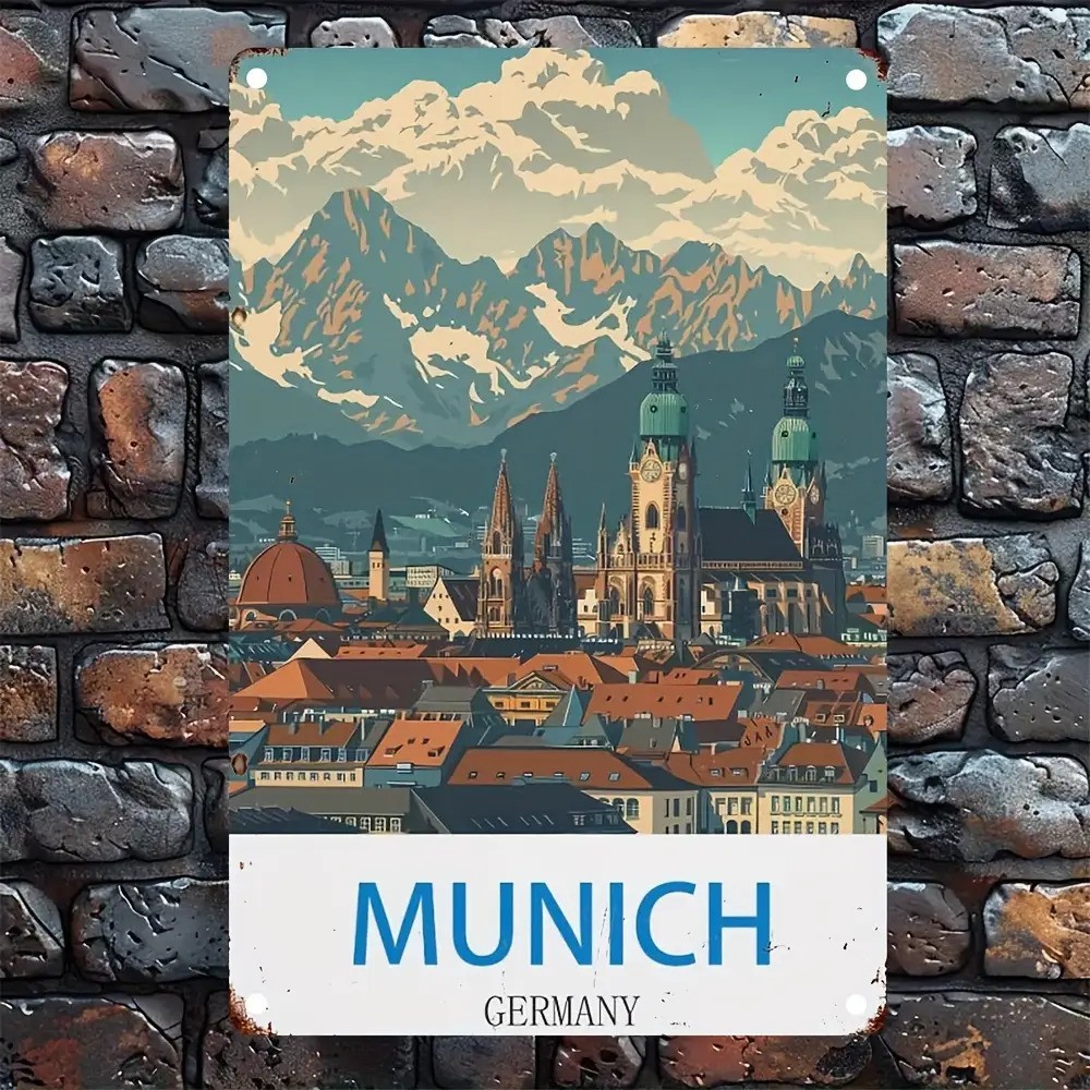 Metallic Sign Munich Germany Vintage Map Bavarian City Aluminum Sign 8×12