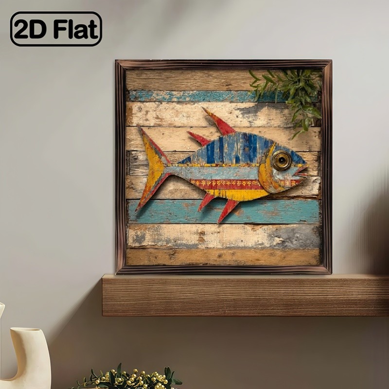 Folk art fish wooden plaque rustic coastal home decor beach theme