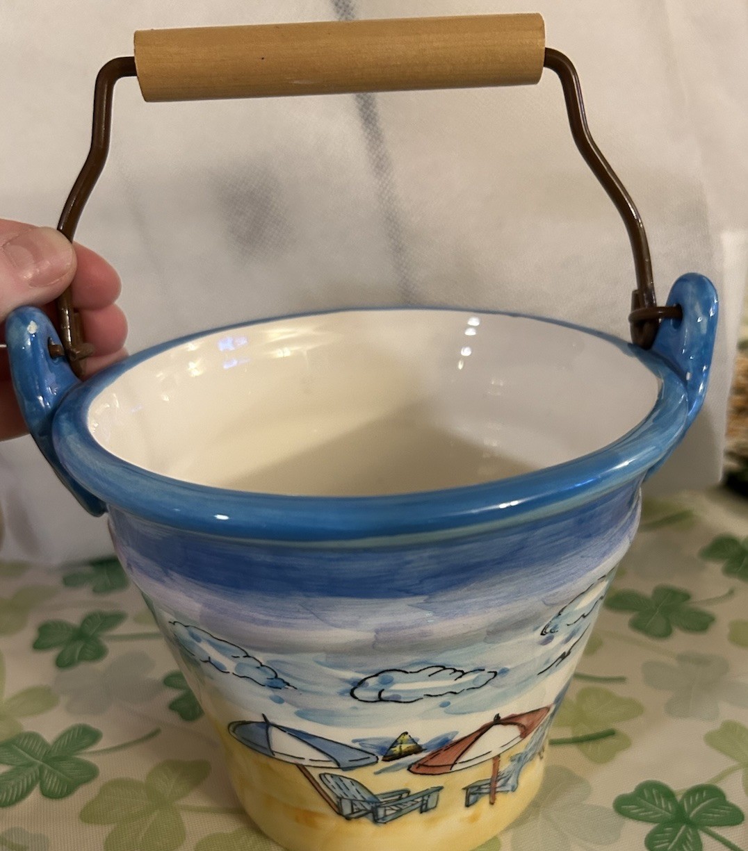Life Is Good Ceramic Bucket With Wood Handle & Beach Scenery