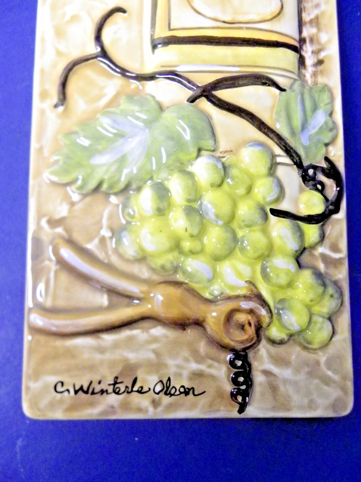 Wall Art 3D Plaque Glossy Ceramic Wine /Grapes Signed C. Winterle Olson 12″ x 4