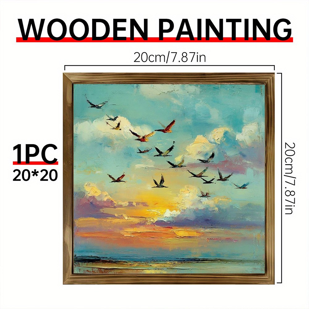 Soft Sunset Sky Flying Seabirds Oil Art Framed Wooden Plaque Home Decor Gift