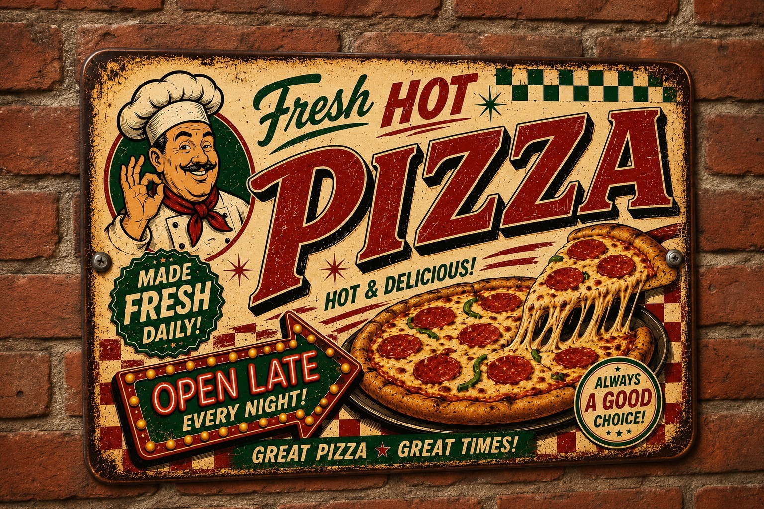 Fresh Hot Pizza Retro Metal Sign Vintage Pizzeria Wall Decor 8×12