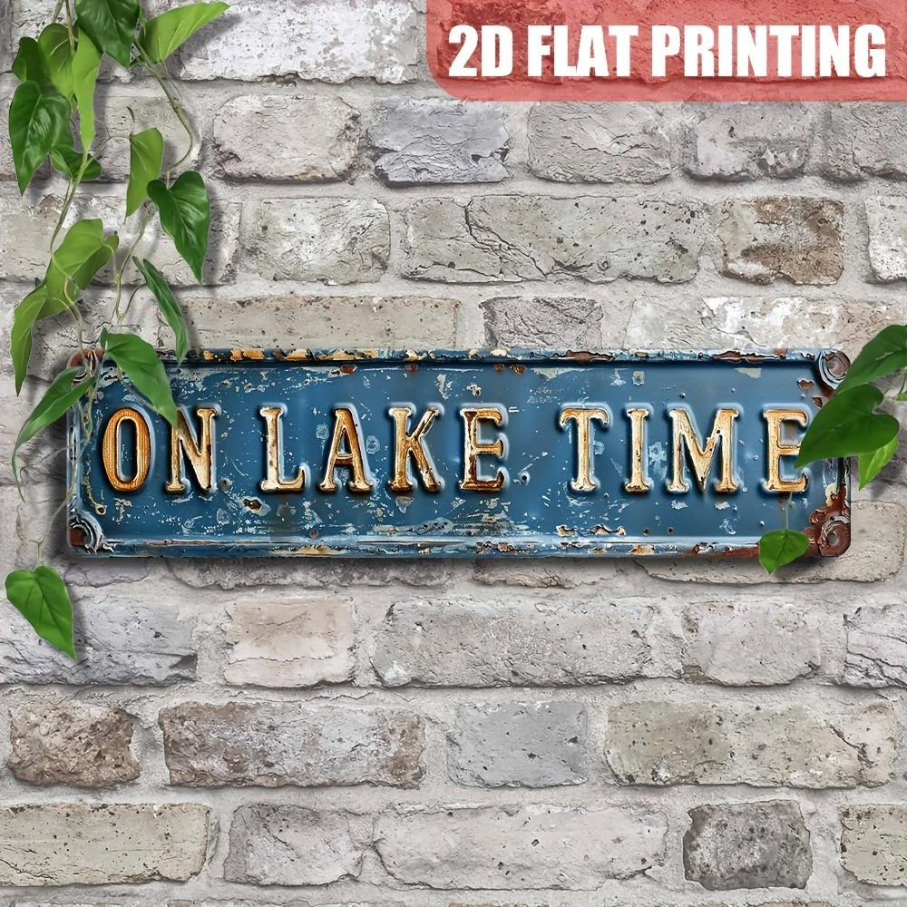 Vintage On Lake Time Wall Decor Street Sign Lakehouse Rustic Metal Tin Sign 16×4