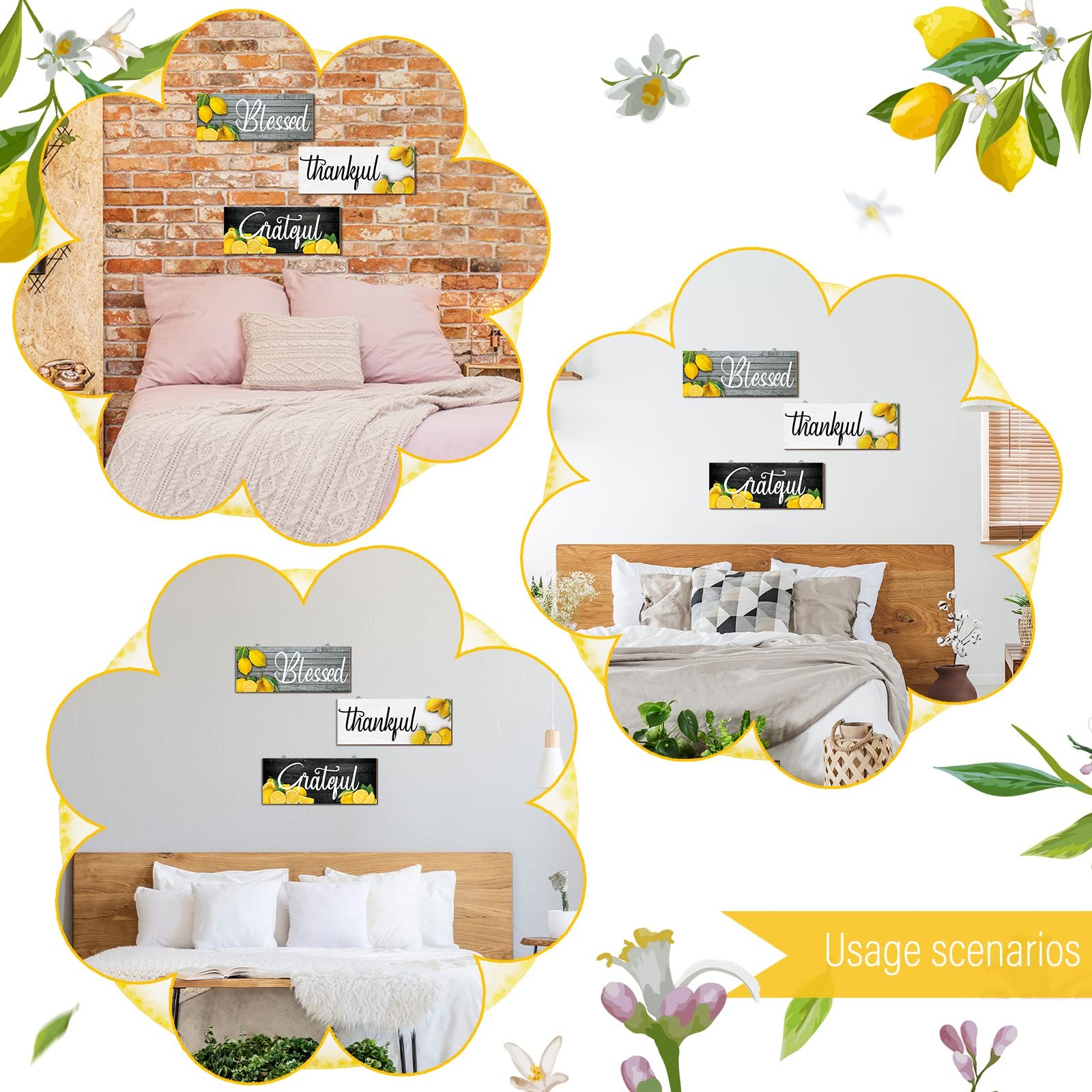Amyhill 3 Pieces Lemon Wall Decor Grateful 11.81 x 4.72 inches, Multicolor