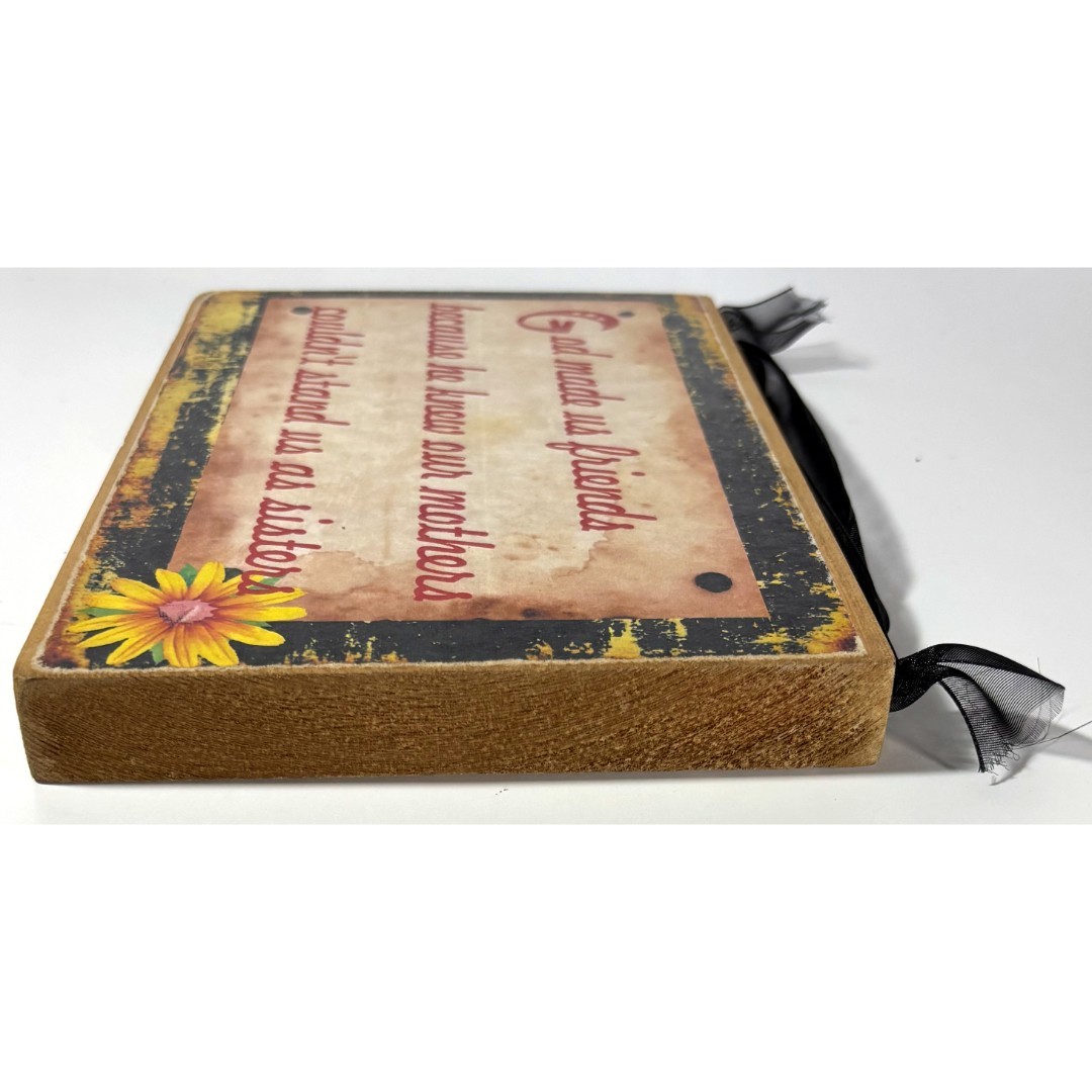Vintage God Made Us Friends Wood Rectangular Plaque Flowers Floral Ready To Hang