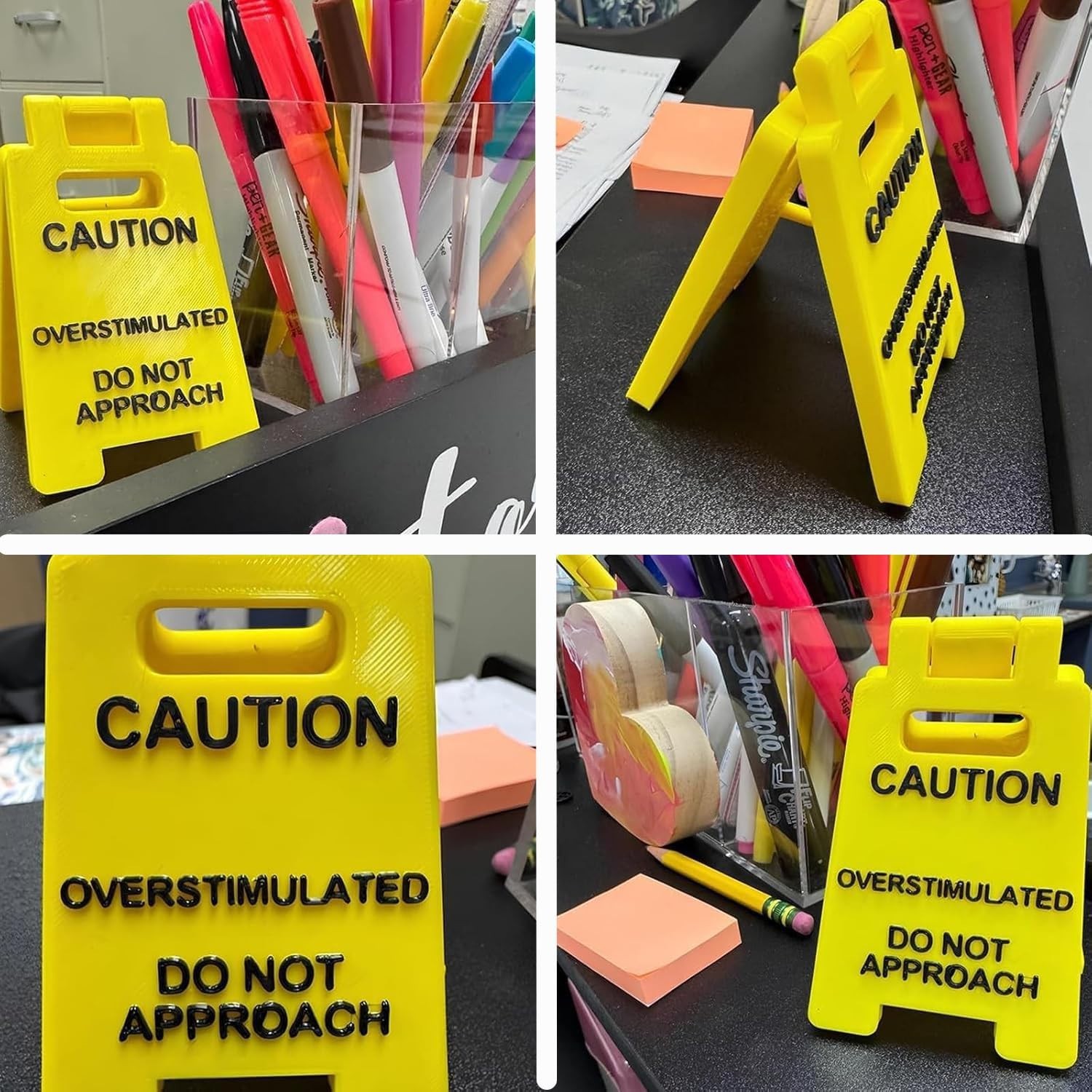 Overstimulated Alert Desk Sign – Yellow w/Black Words, Humor Gift for Colleagues