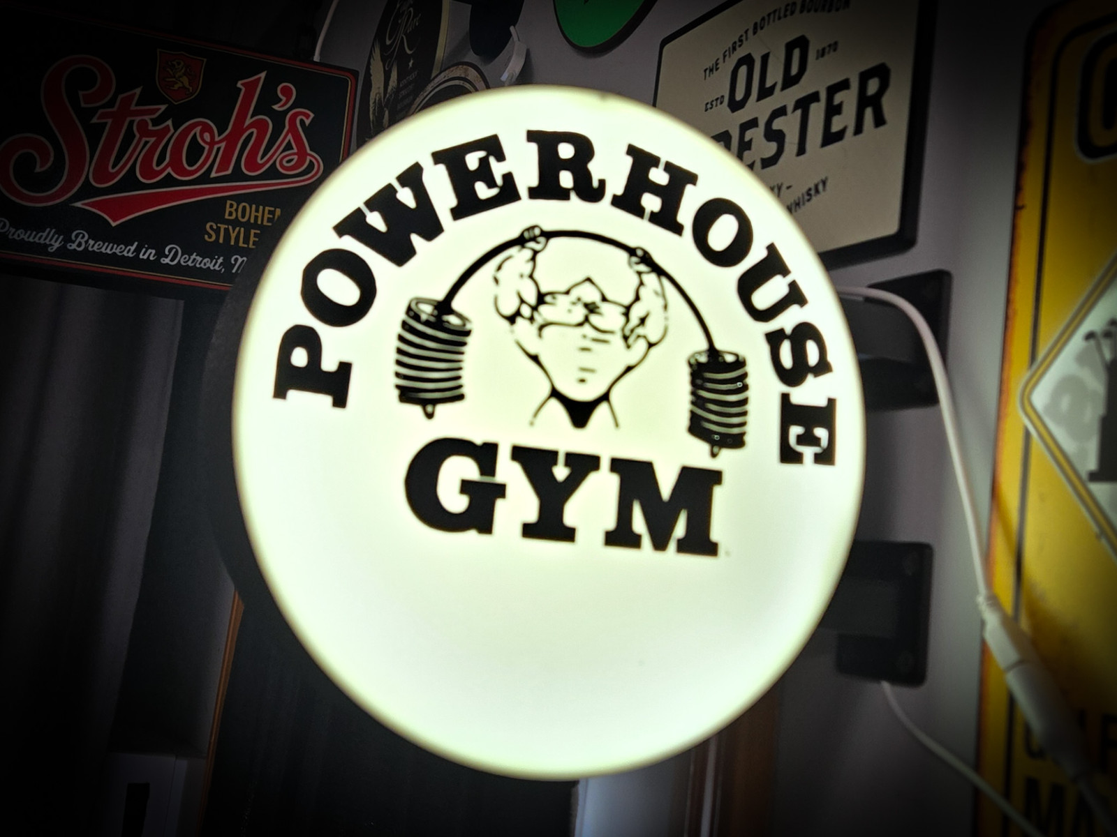 Powerhouse Gym LED Lightbox Sign 3D Printed Round Wall Mount Man Cave