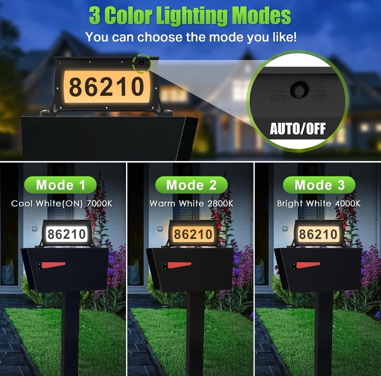 Solar Address Sign Mailbox House Number Plaque Double Side 3 Light Color