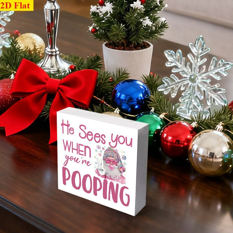 Wooden Box Sign Pink Cool Santa He Sees You When Youre Pooping Rustic Decor Gift