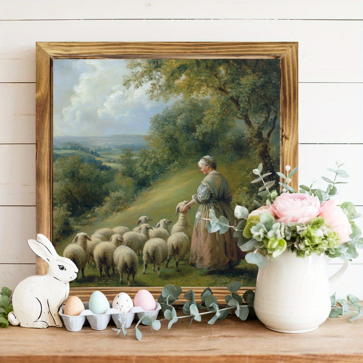 Rustic Sheep Herder Oil Painting Wooden Plaque Vintage Farmhouse Wall Art Decor