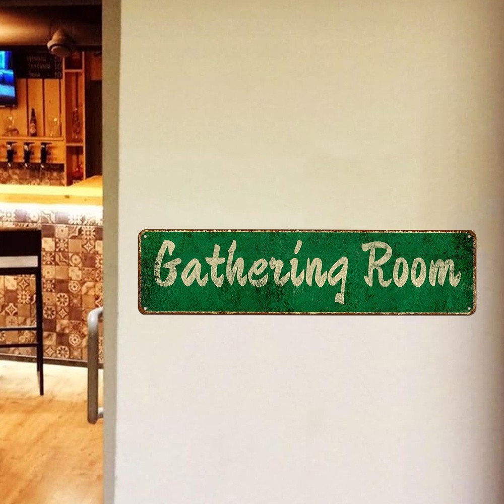 Vintage Metal Iron Sign “Gathering Room” Wall Art 4X16In Rustic Green & Golden