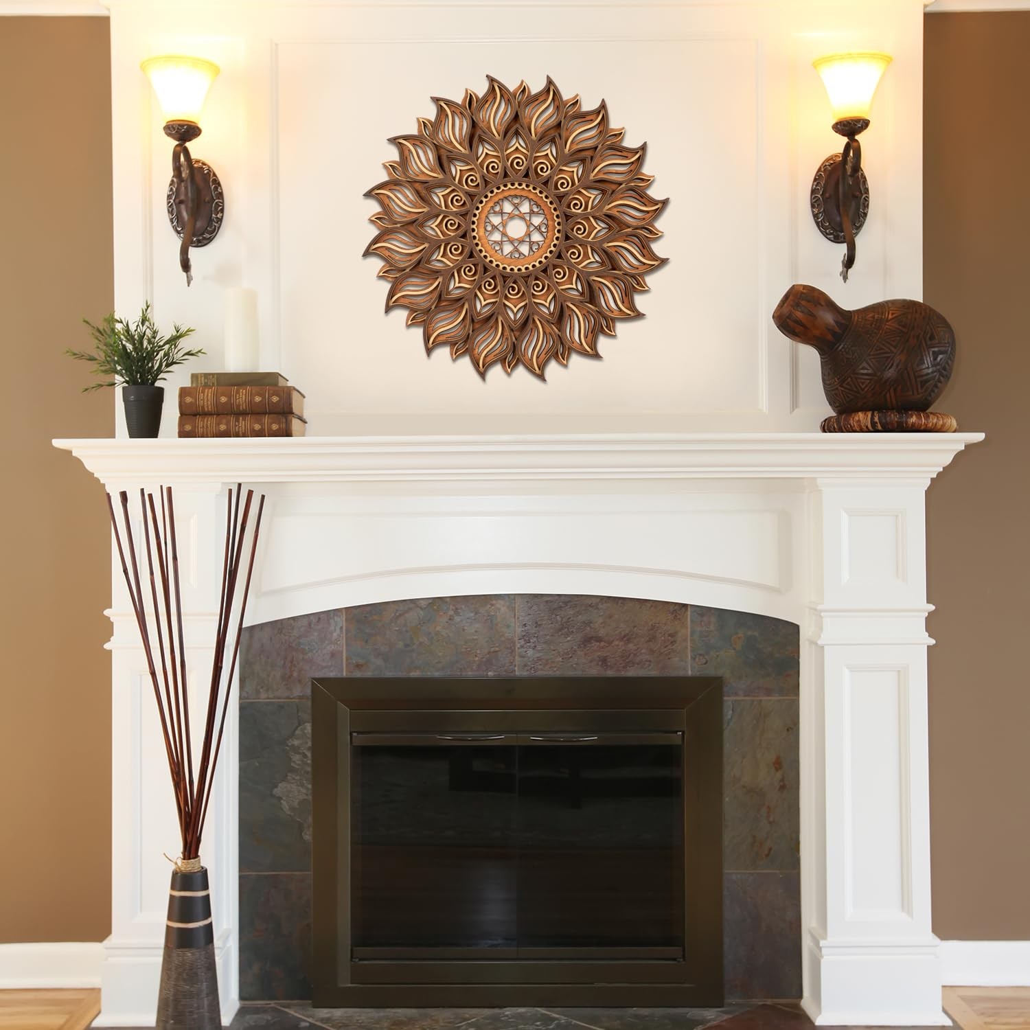 11.8 Inch Sun Wall Decor, Wooden Mandala Wall Art, Hollowed-out Sun Hanging S…