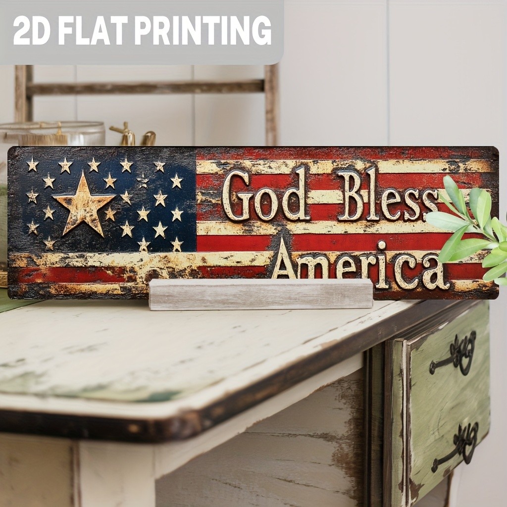 Patriotic God Bless America Flag Metal Sign Rustic Farmhouse Wall Bar Decor Gift