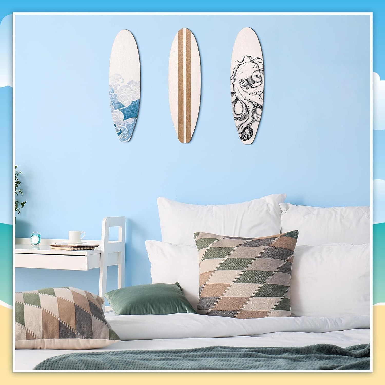 3 Piece Wooden Surfboard Wall Decor for Beach-Inspired Bedroom or Living Room