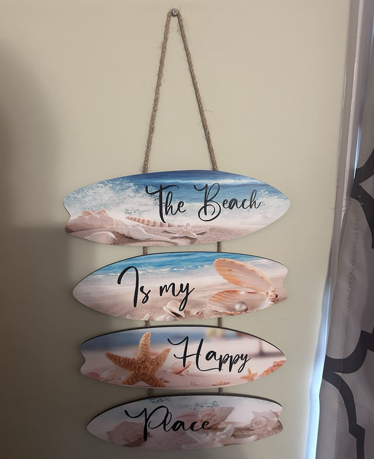 Wood Surfboard Hanging Wall Sign “The Beach Is My Happy Place” Coastal Decor