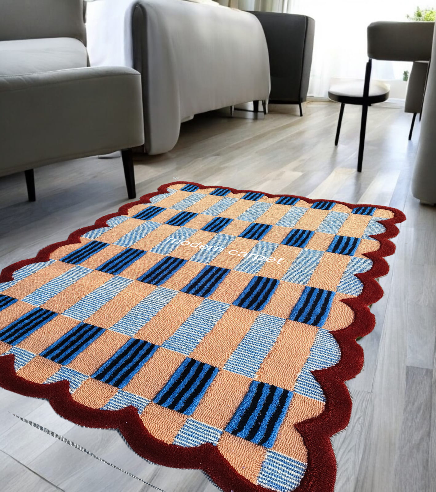 Handmade Checkered Wool Rug Blue Red | Scalloped Geometric Carpet Living Room