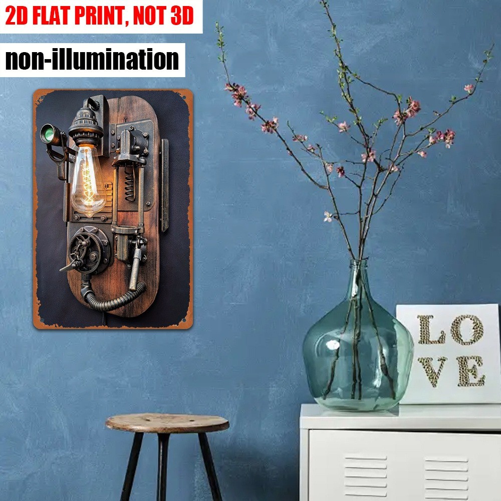 Steampunk Mechanical Lamp Metal Tin Sign Retro Industrial Wall Decor Loft Studio