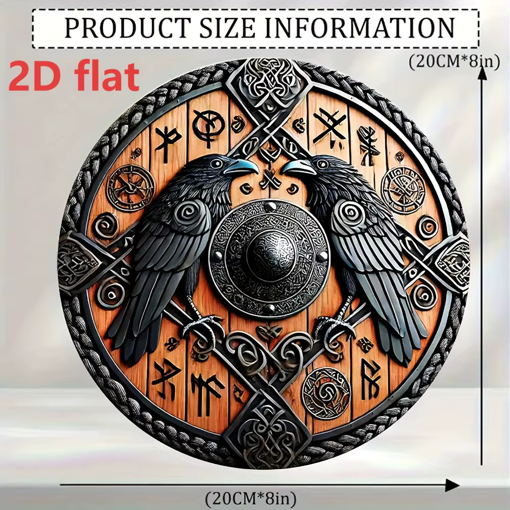 8in Viking Shield Metal Sign Norse Raven Wall Art Rune Decor Odin Huginn