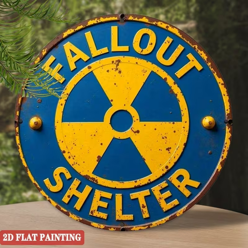 Shelter Sign – Fall Out Retro Nuclear Radiation Warning Metal Wall Art 8″