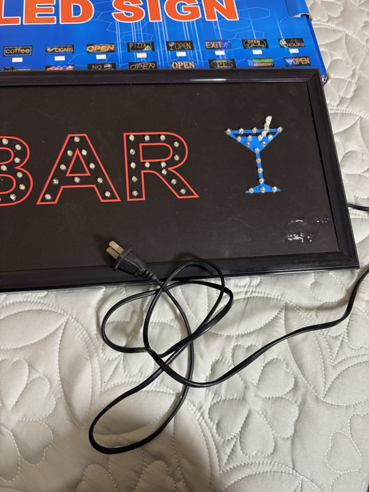 LED BAR Lighted Hanging Wall Sign, Black Frame, Red/Blue Letters, Rectangle