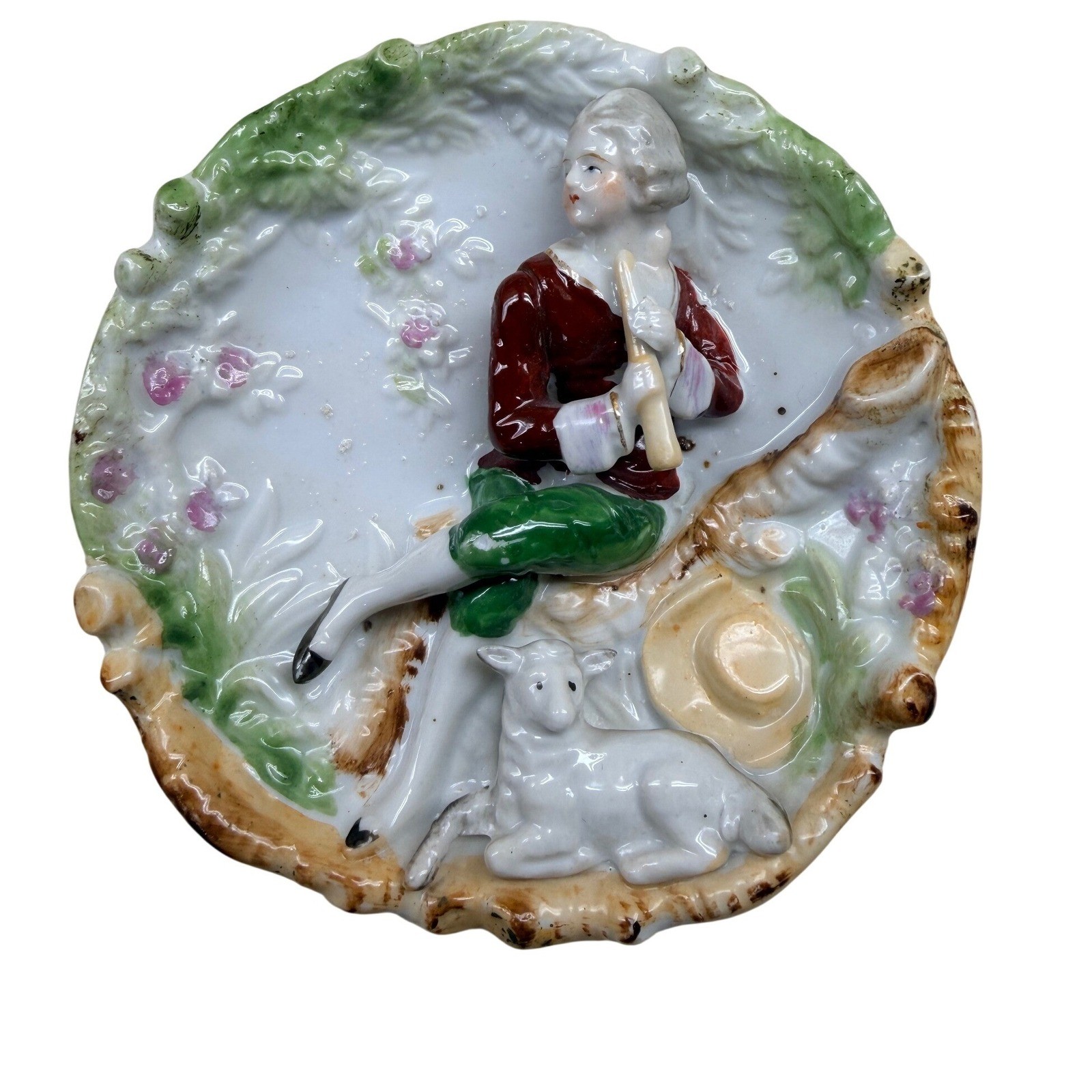 Vintage Porcelain 3D Relief Wall Plaques Set 2 6″ Multicolor Pastoral Figures