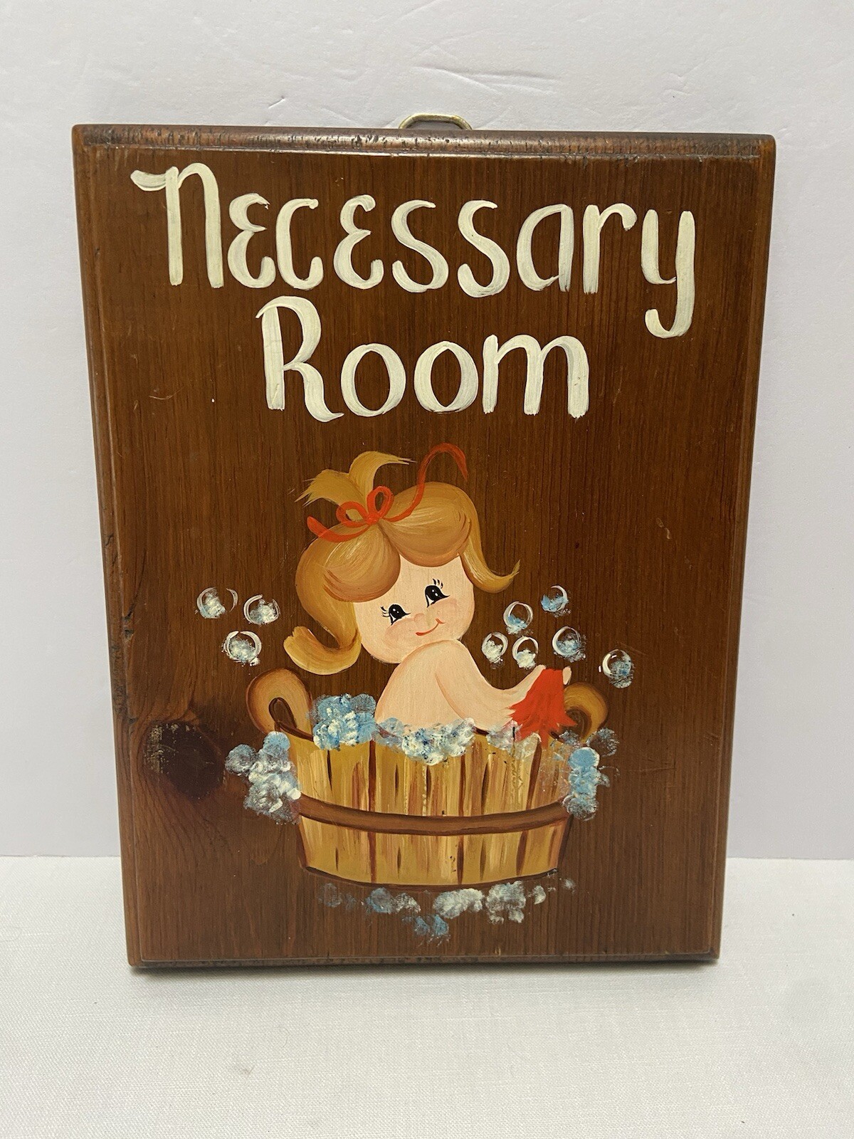 Wooden Hand Painted Wall Art Plaque Bathroom Girl Bubbles Necessary Room Boudoir