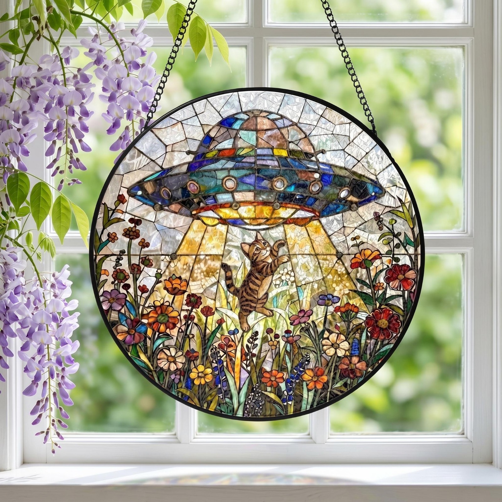 UFO Abduction Black Cat Suncatcher – Custom Alien Spaceship Window Decor