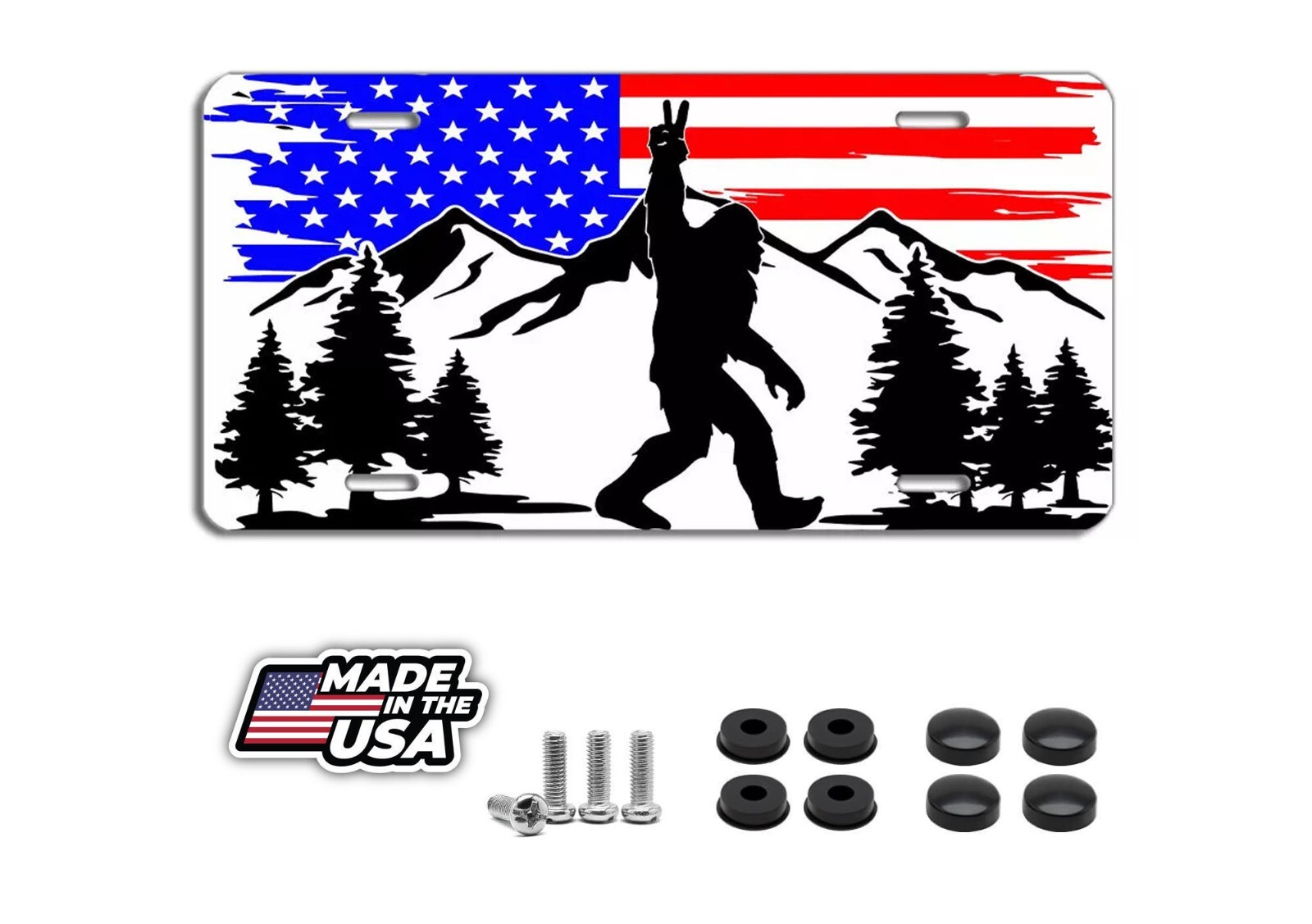Sasquatch American Flag License Plate – Patriotic Bigfoot Car Tag