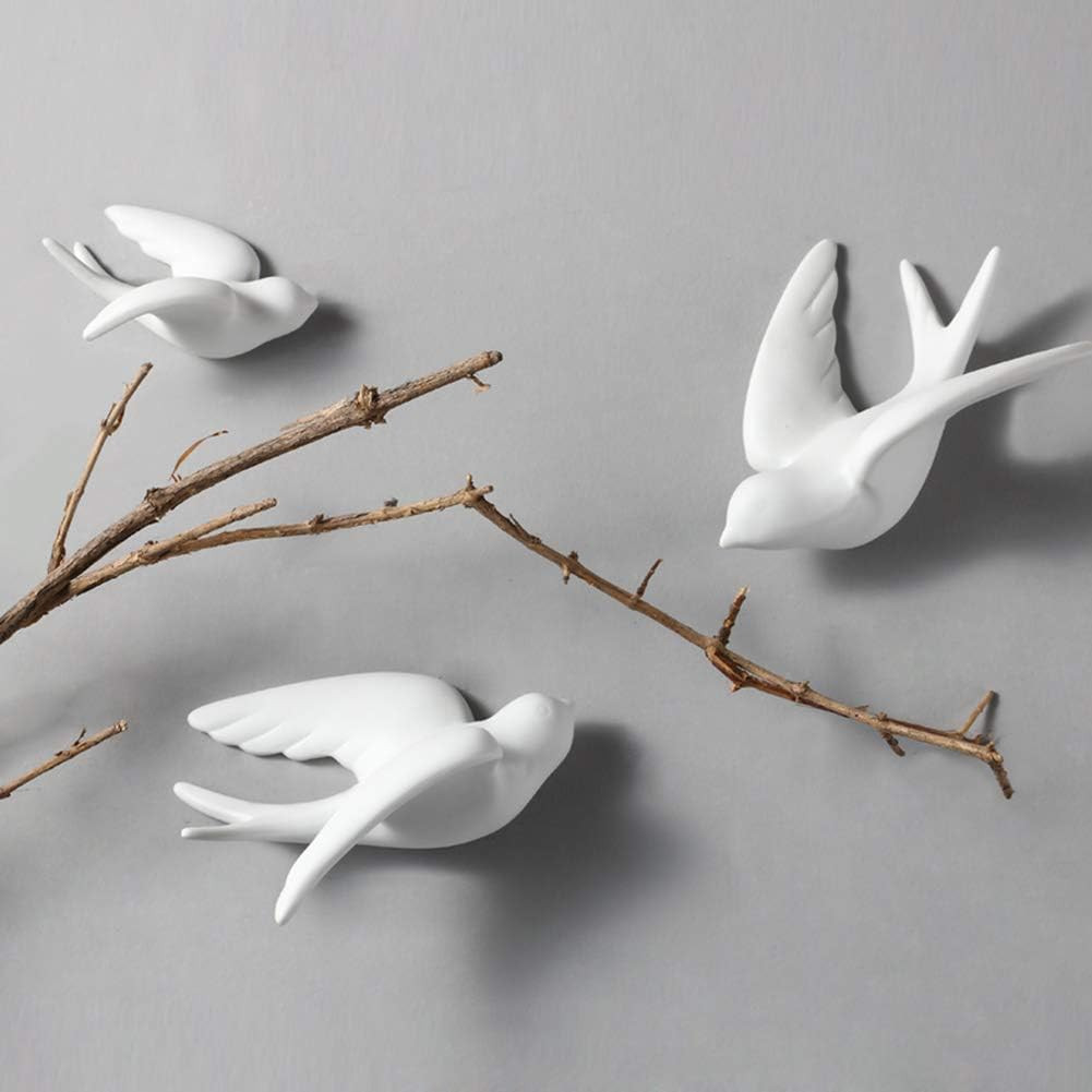 Set of 6 White Ceramic Birds Doves Sparrows Swallows Wall Mounted Decor Hanging