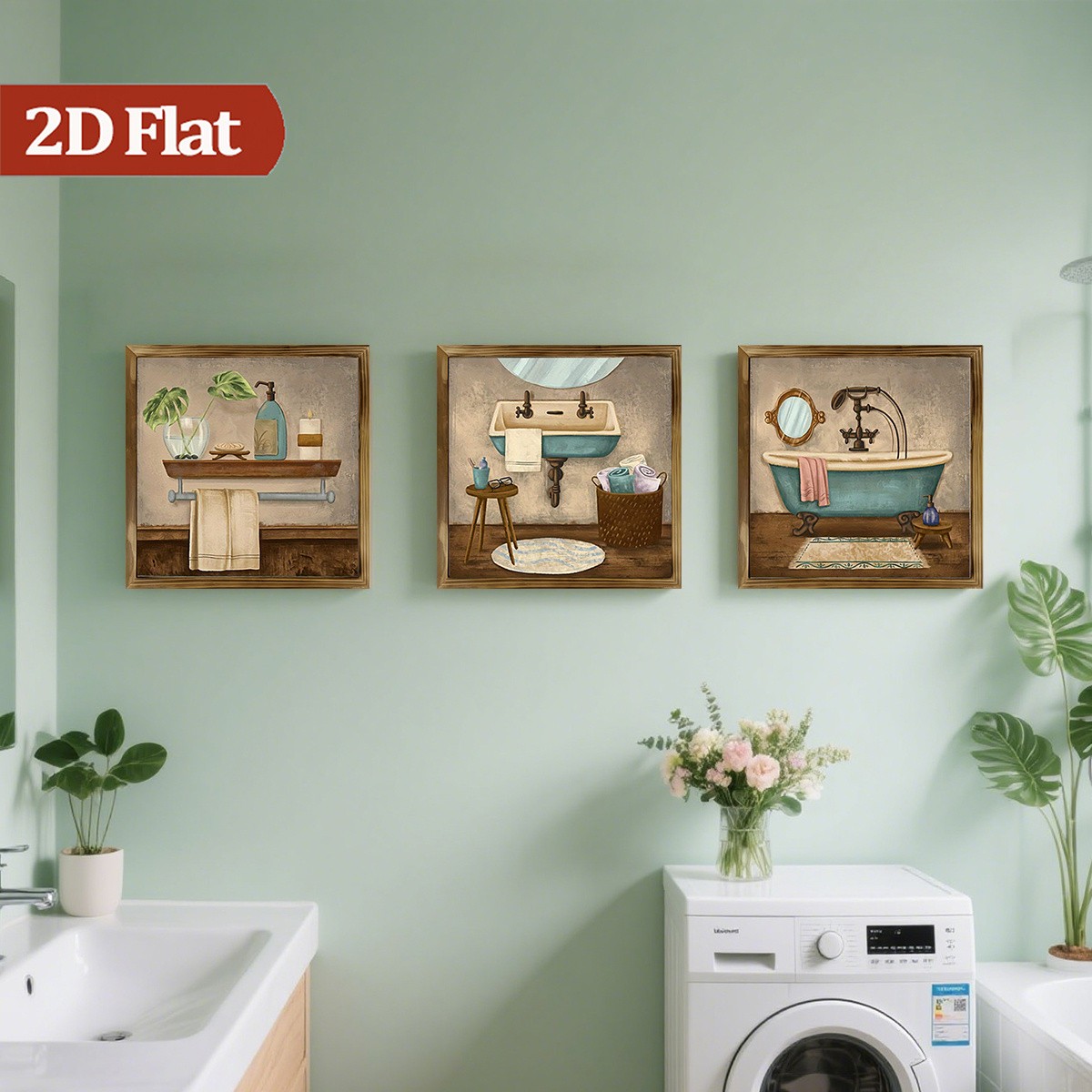 3Pcs Vintage Bathtub Still Life Wooden Sign Rustic Framed Bathroom Wall Decor