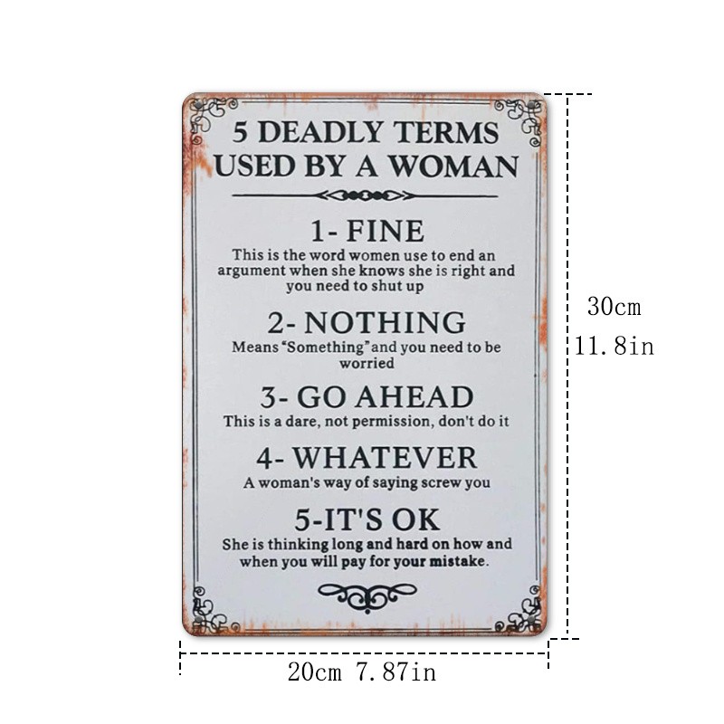 Vintage White Metal Sign 5 Deadly Terms Used By A Woman Funny Bar Wall Plaque