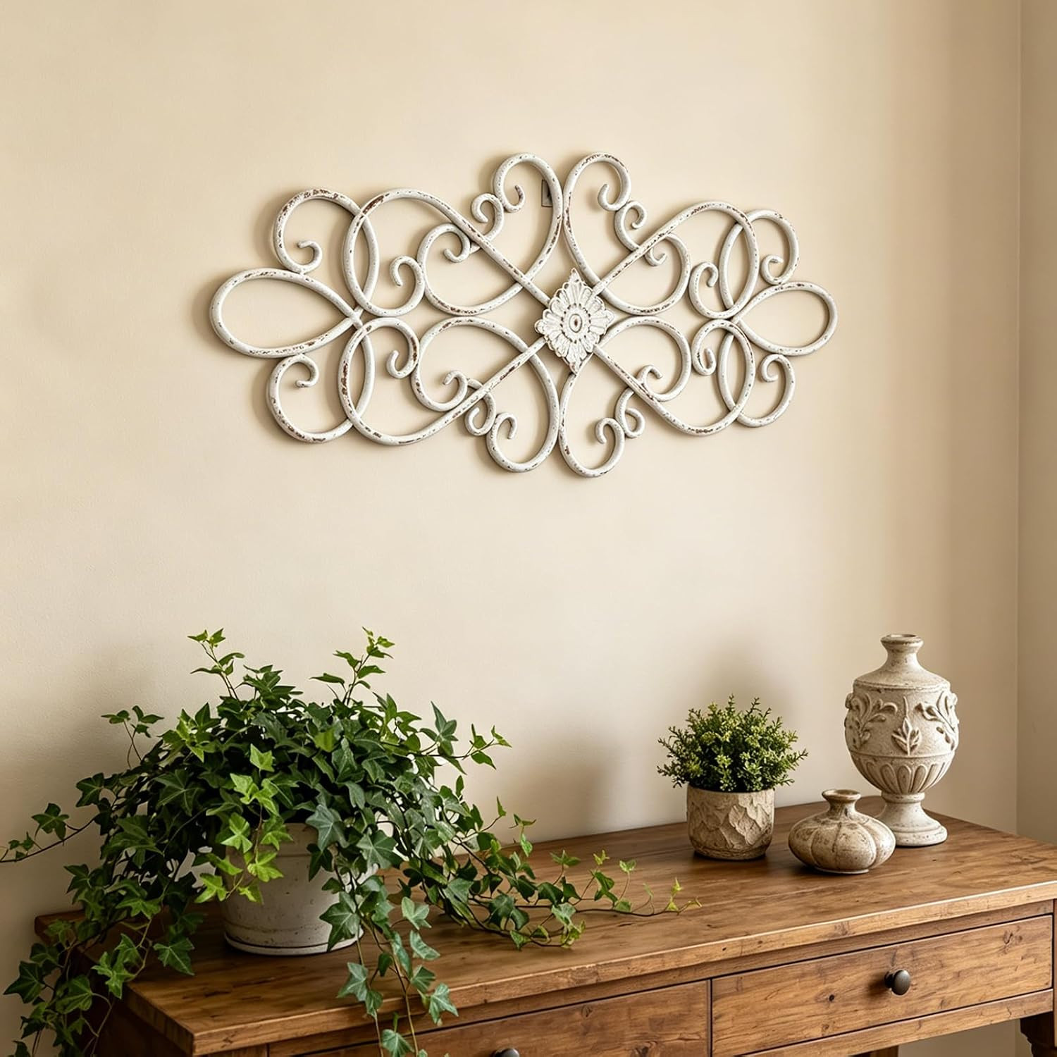 White Flower Scroll Metal Wall Art Decor 32″ x 13″ | Hanging Vintage Large Flora