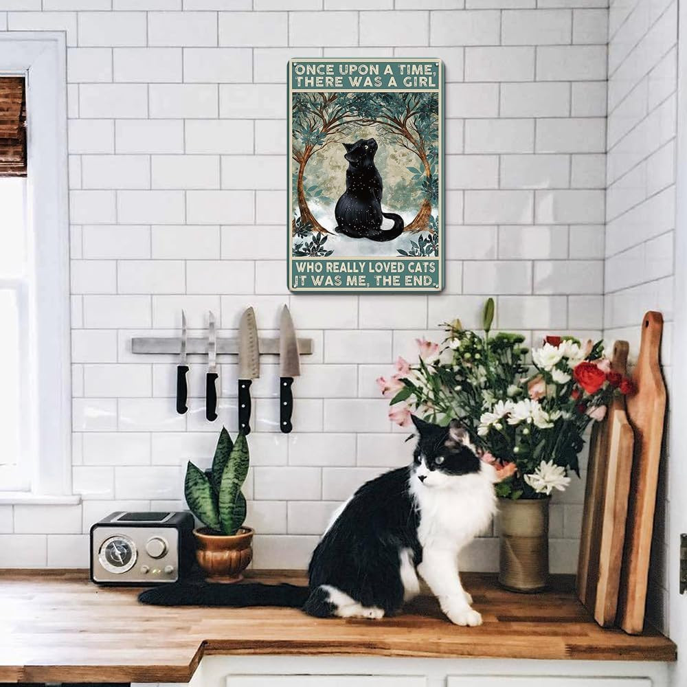 Vintage Black Cat Decor Metal Sign,Once upon a Time There Was a Girl Who Loved C