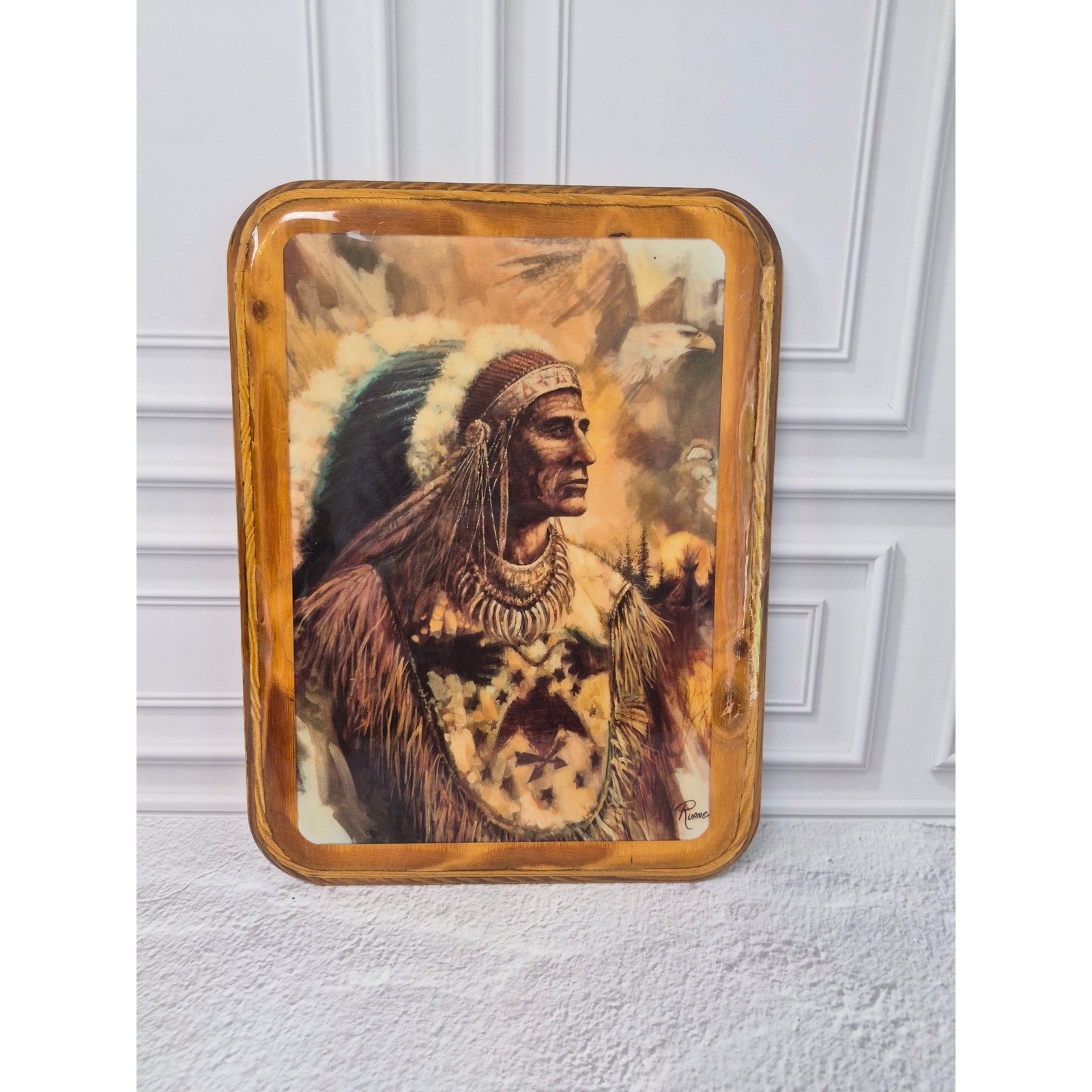 Vintage Ruane Native American Chief Wood Plaque Glossy Decoupage Wall Art 8×10.5