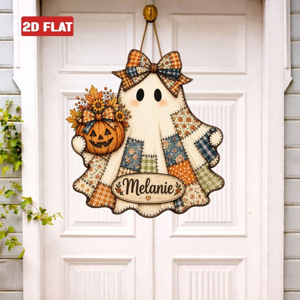 Custom Name Patchwork Ghost Door Sign Rustic Pumpkin Fall Front Wood Door Porch